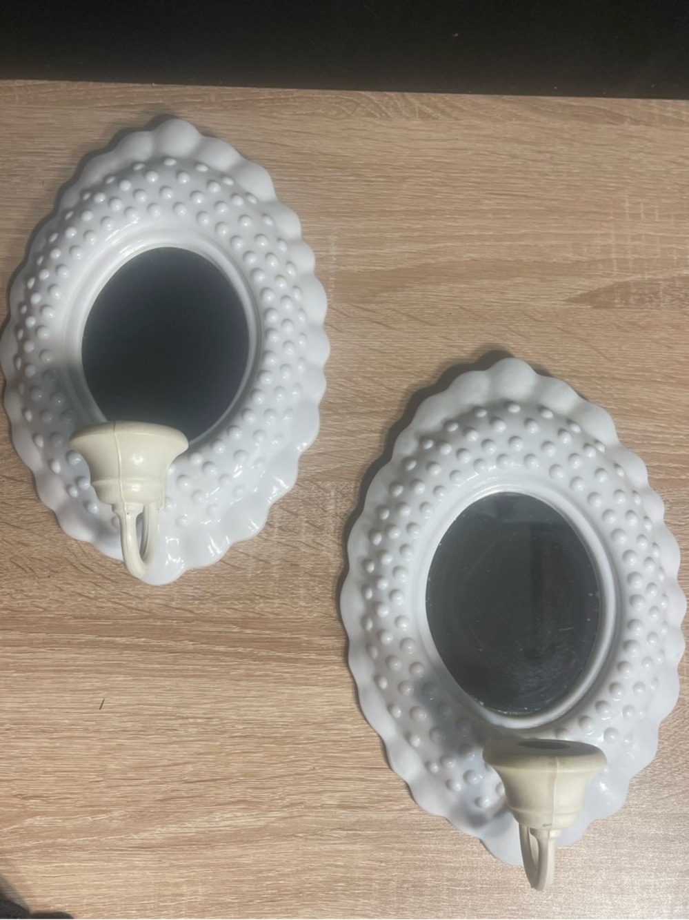 White Ceramic Hobnail Wall Sconce Mirrors with Candle Holders - Set of 2